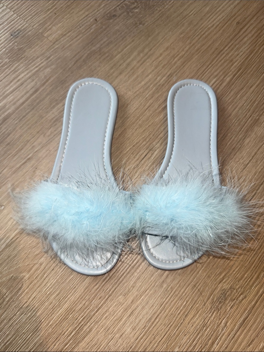 SHEIN Baby Blue Fluffy Feather Decor Marabou Slide Flat Sandals